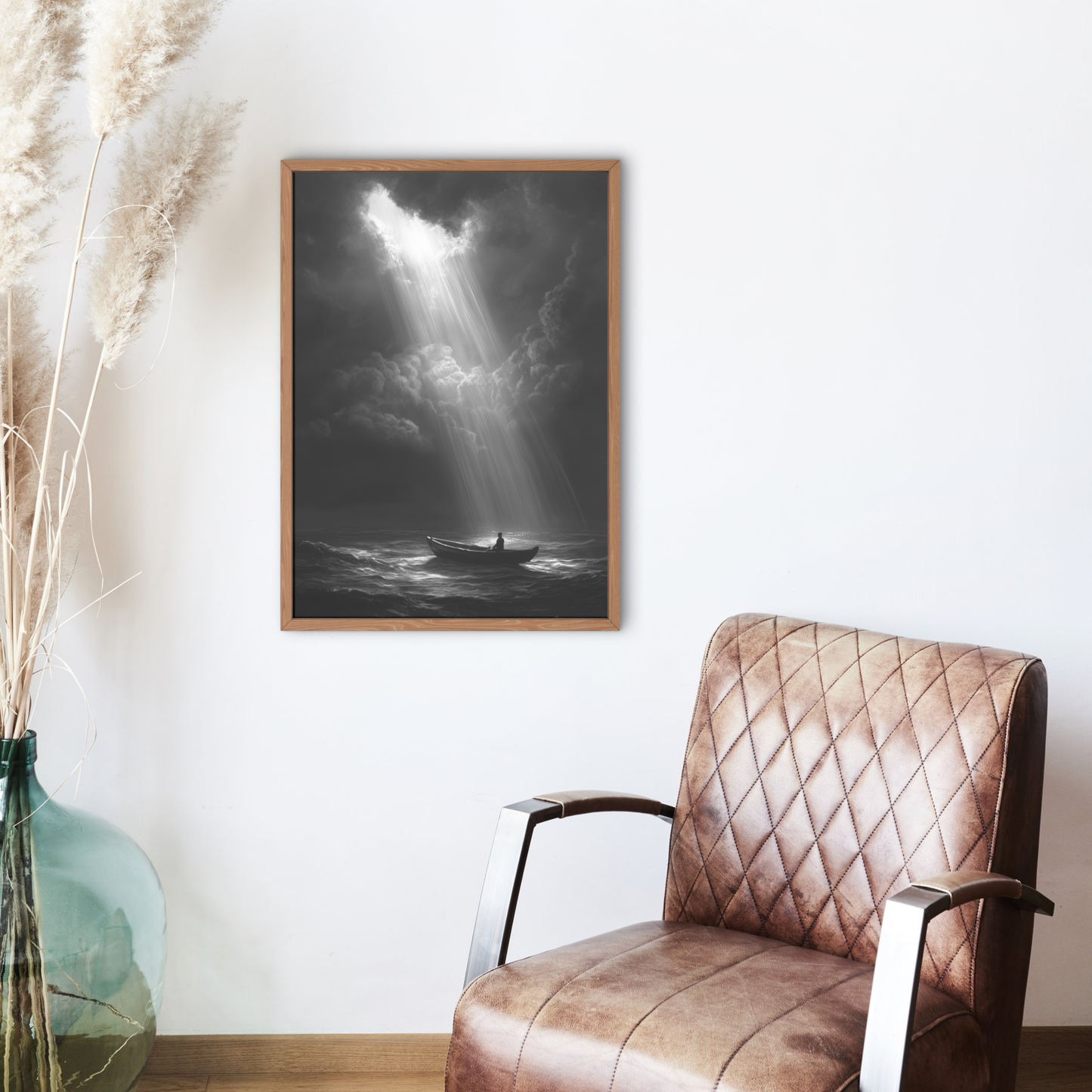 Dramatic Ocean Art, Digital Print, Solitary Boat Wall Art, Monochrome Decor, Moody Sky Art, Atmospheric Nature Art, Digital Download, Large Wall Art