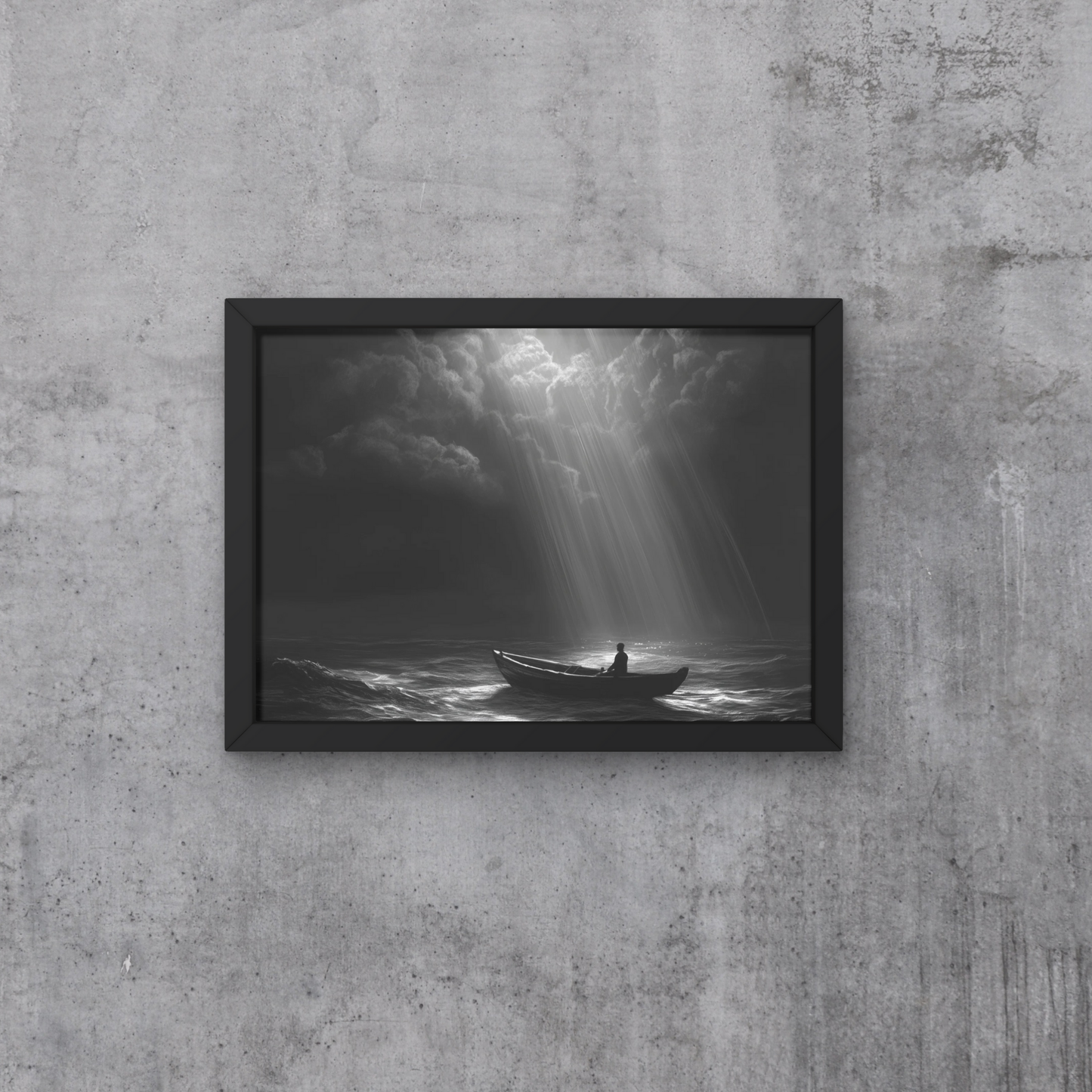 Dramatic Ocean Art, Digital Print, Solitary Boat Wall Art, Monochrome Decor, Moody Sky Art, Atmospheric Nature Art, Digital Download, Large Wall Art