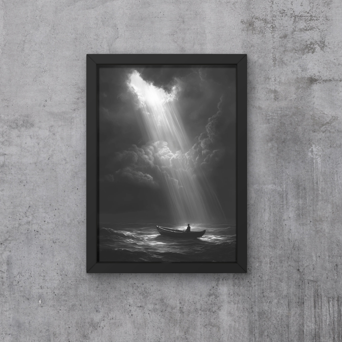 Dramatic Ocean Art, Digital Print, Solitary Boat Wall Art, Monochrome Decor, Moody Sky Art, Atmospheric Nature Art, Digital Download, Large Wall Art