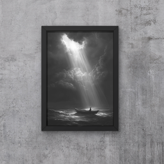 Dramatic Ocean Art, Digital Print, Solitary Boat Wall Art, Monochrome Decor, Moody Sky Art, Atmospheric Nature Art, Digital Download, Large Wall Art